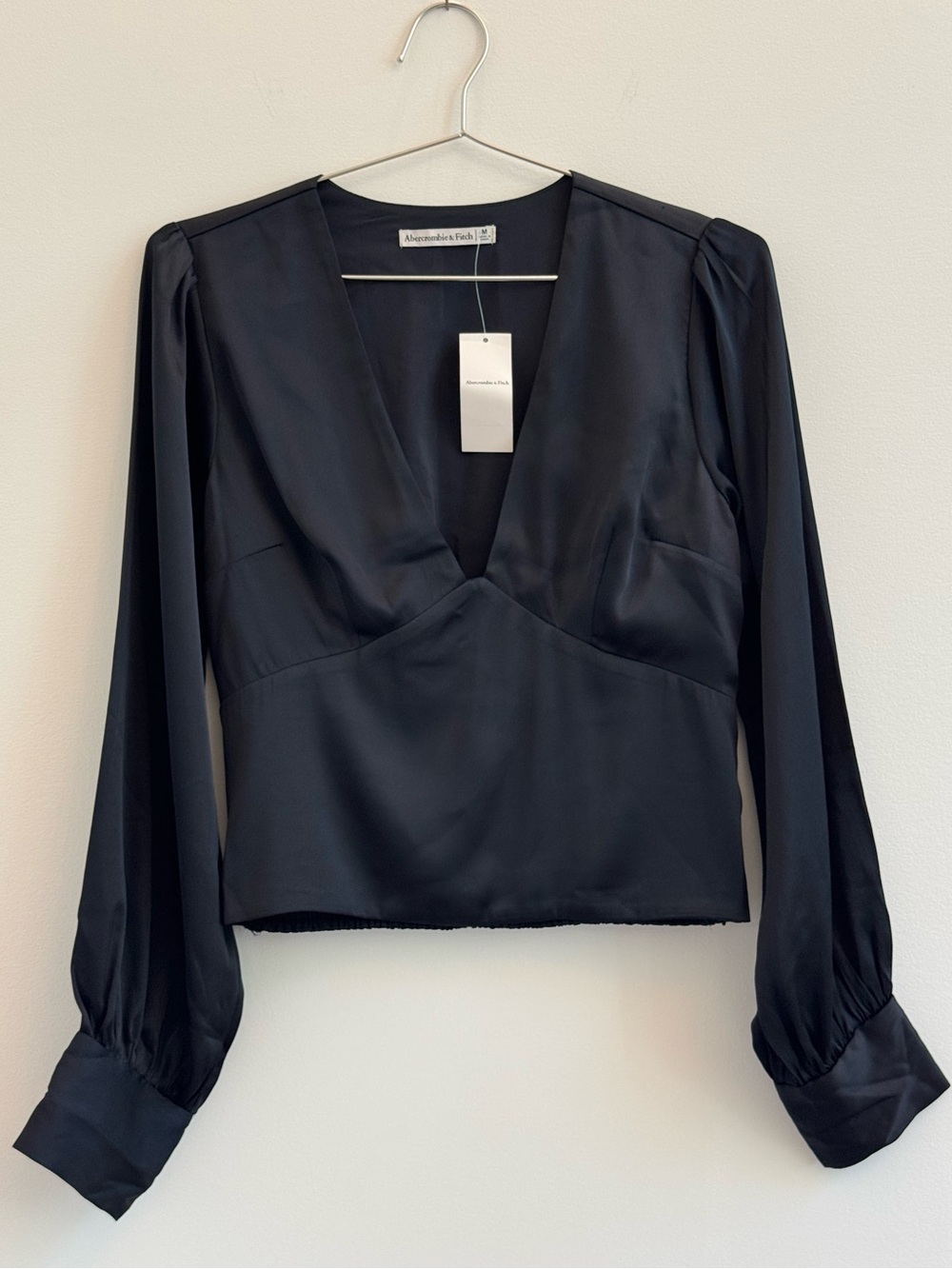 Abercrombie & Fitch Black Satin V-Neck Long Sleeve Top